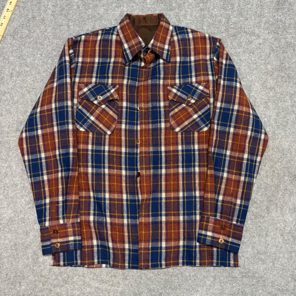Vintage Plaid Flannel Shirt Jacket Lined Orange Blue Mens Workwear Shacket